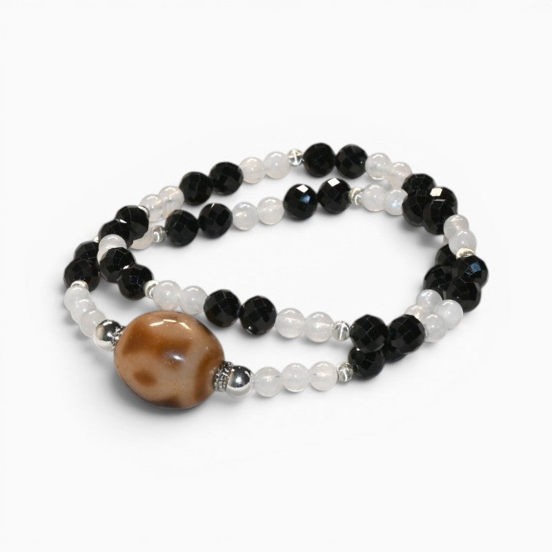 Vajra Four Eye Dzi Bead + Black Tourmaline w/ Moonstone Dual-Loop Bracelet