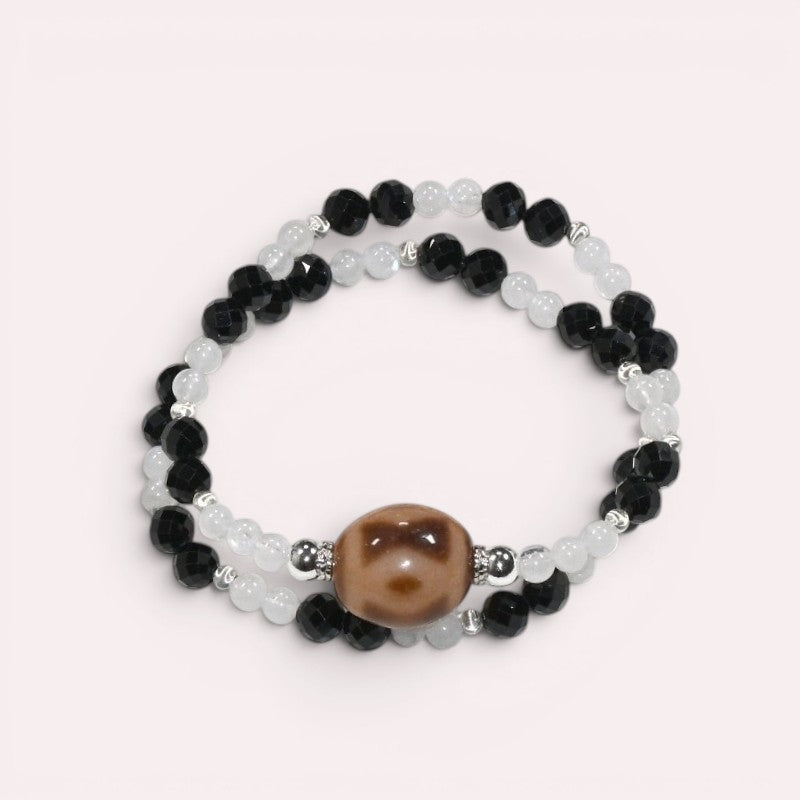 Vajra Four Eye Dzi Bead + Black Tourmaline w/ Moonstone Dual-Loop Bracelet