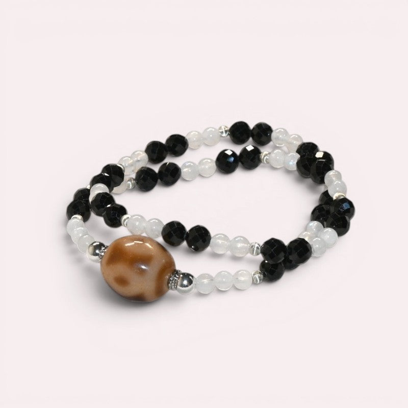 Vajra Four Eye Dzi Bead + Black Tourmaline w/ Moonstone Dual-Loop Bracelet