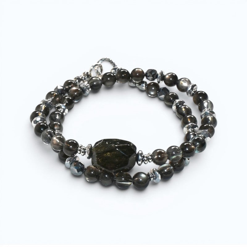 Blackgold Super Seven Quartz Charm w/ Black Skeletal Sunstone Dual -Loop Bracelet