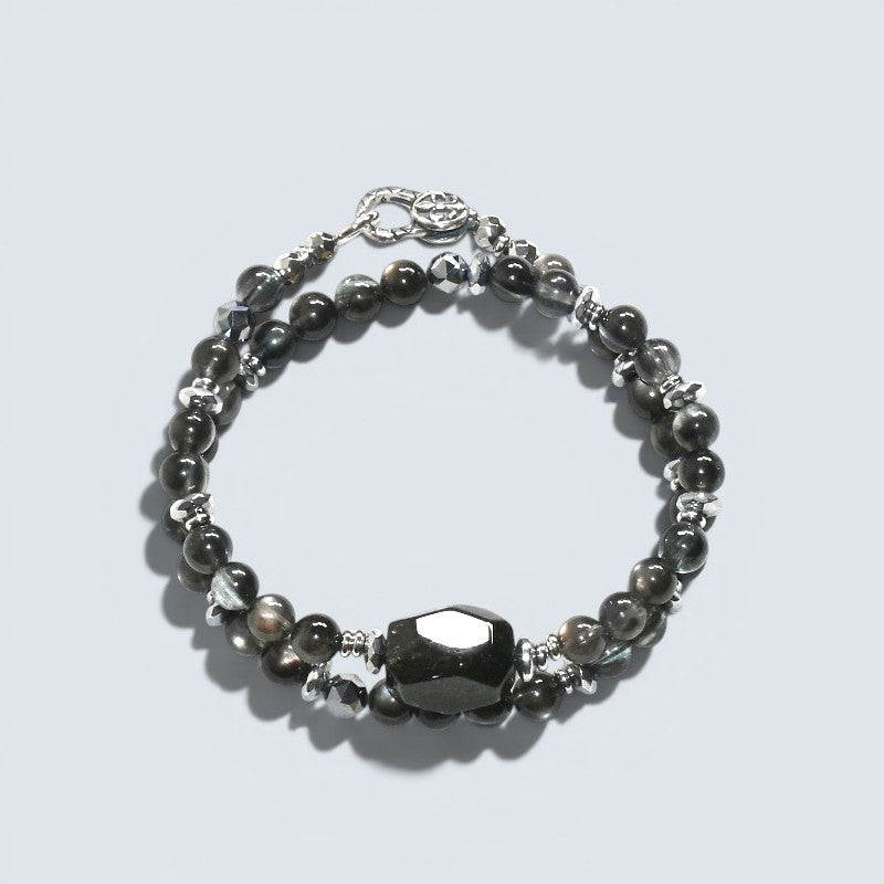 Blackgold Super Seven Quartz Charm w/ Black Skeletal Sunstone Dual -Loop Bracelet