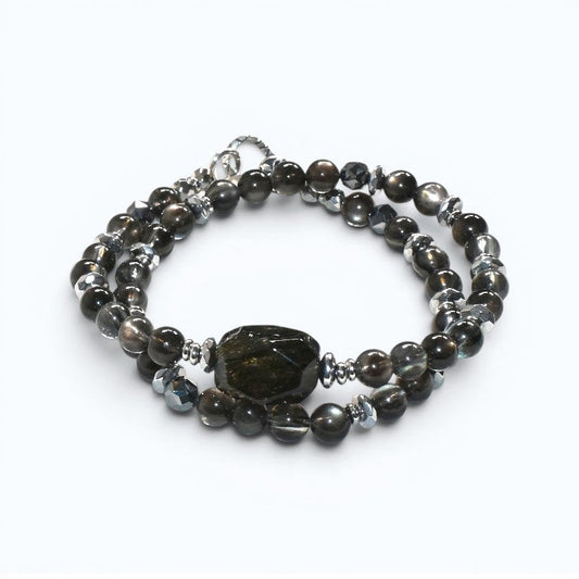 Blackgold Super Seven Quartz Charm w/ Black Skeletal Sunstone Dual -Loop Bracelet