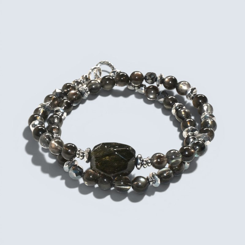 Blackgold Super Seven Quartz Charm w/ Black Skeletal Sunstone Dual -Loop Bracelet
