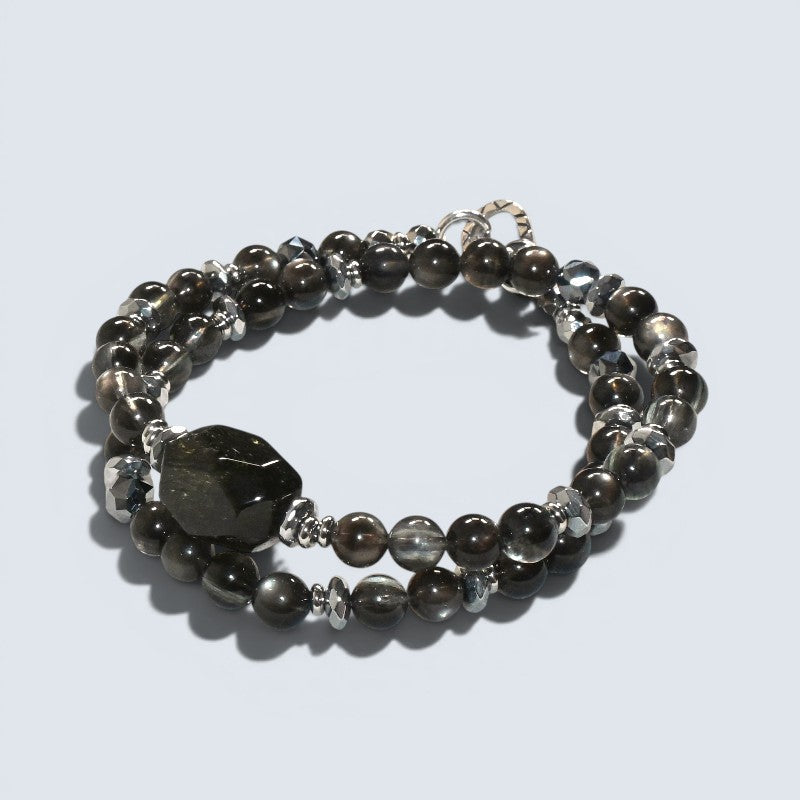 Blackgold Super Seven Quartz Charm w/ Black Skeletal Sunstone Dual -Loop Bracelet
