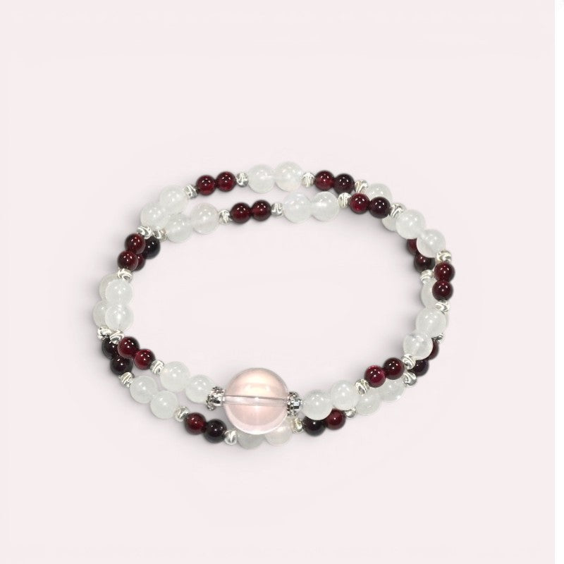 Mozambique Rose Quartz Charm + Garnet w/ Moonstone Dual- Loop Bracelet