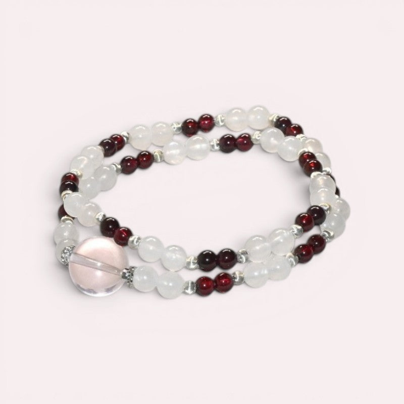 Mozambique Rose Quartz Charm + Garnet w/ Moonstone Dual- Loop Bracelet