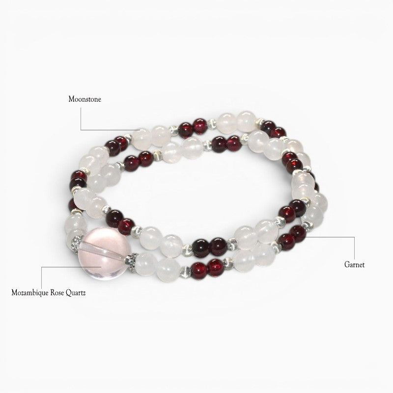 Mozambique Rose Quartz Charm + Garnet w/ Moonstone Dual- Loop Bracelet