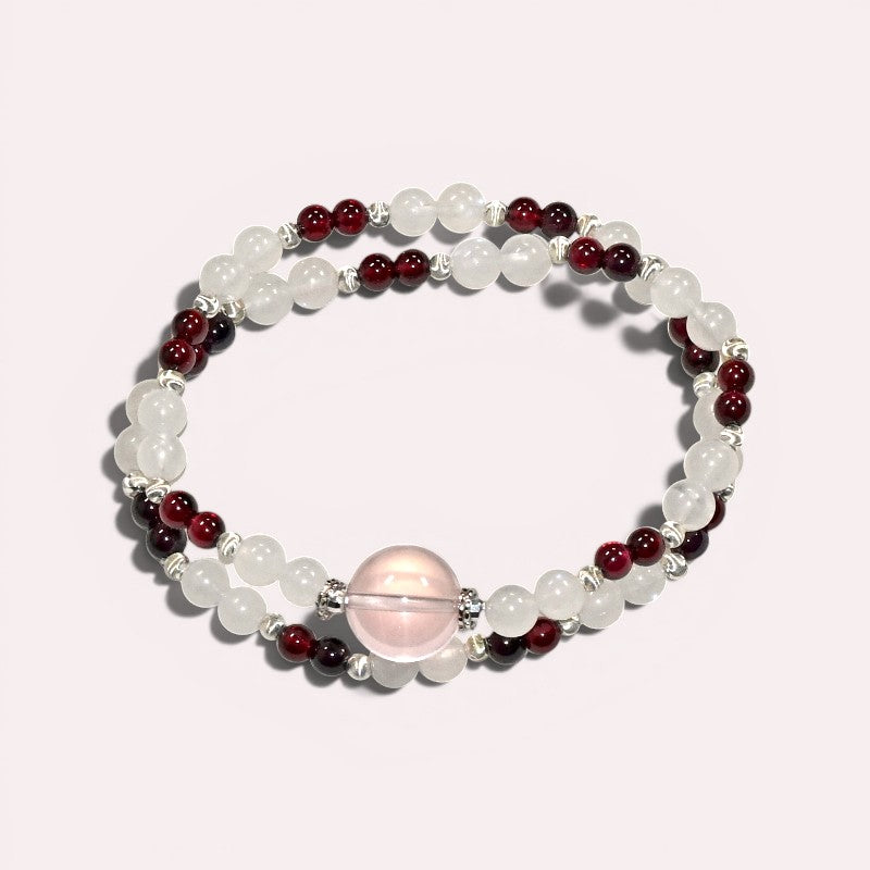 Mozambique Rose Quartz Charm + Garnet w/ Moonstone Dual- Loop Bracelet