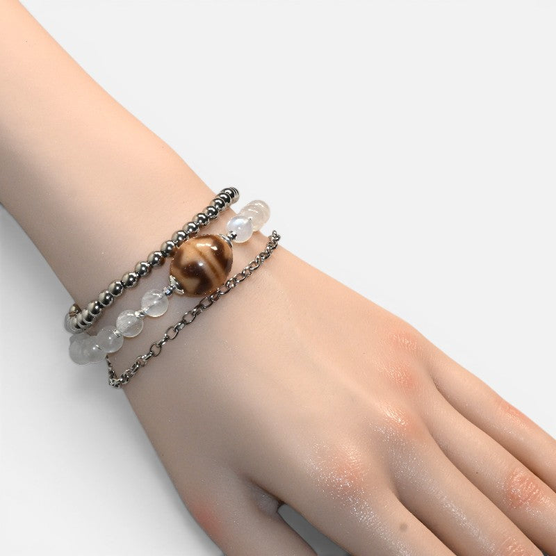 Double Tiger Tooth Dzi Bead w/ Moonstone Bangle