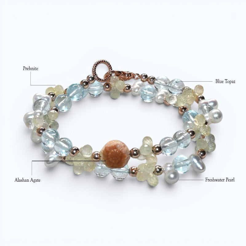 Alashan Agate Charm + Blue Topaz+ Prehnite w/ Freshwater Pearl Dual- Loop Bracelet