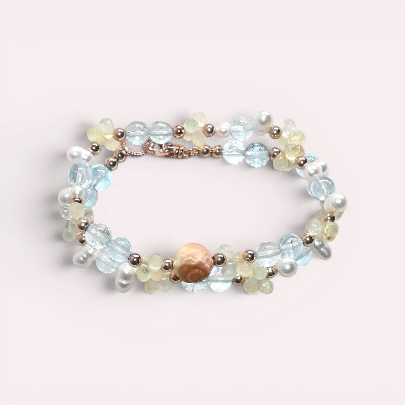 Alashan Agate Charm + Blue Topaz+ Prehnite w/ Freshwater Pearl Dual- Loop Bracelet