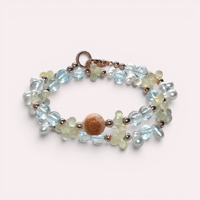 Alashan Agate Charm + Blue Topaz+ Prehnite w/ Freshwater Pearl Dual- Loop Bracelet