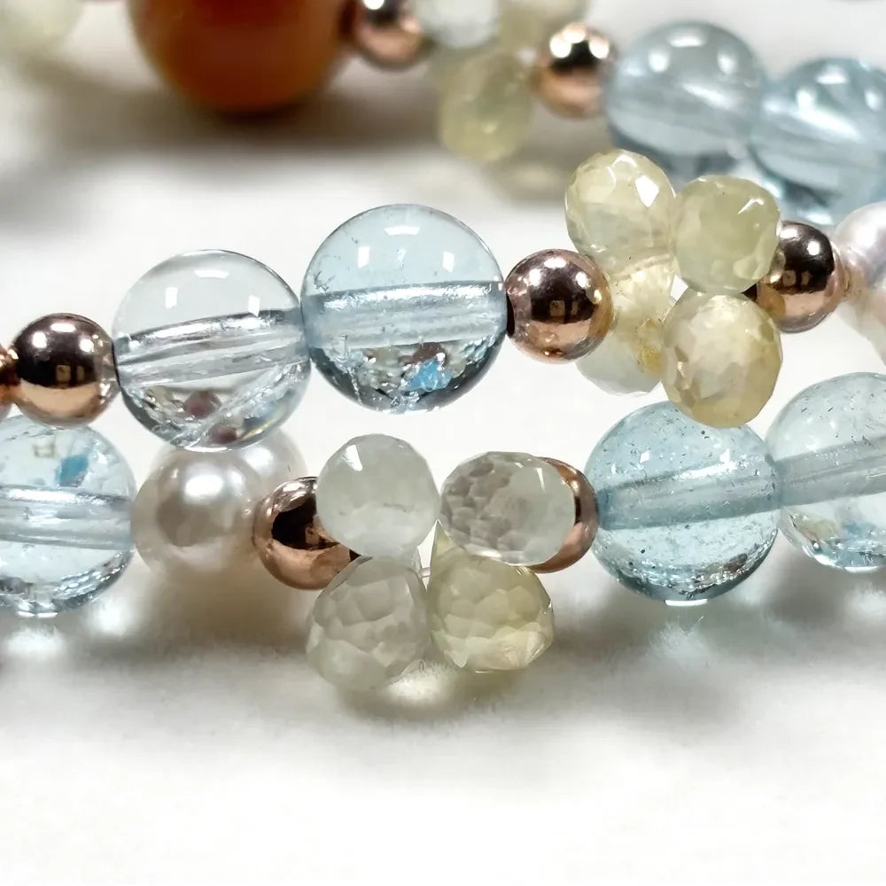 Alashan Agate Charm + Blue Topaz+ Prehnite w/ Freshwater Pearl Dual- Loop Bracelet