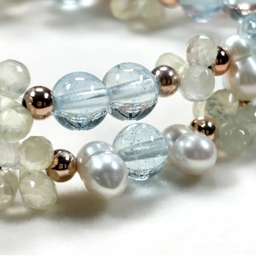 Alashan Agate Charm + Blue Topaz+ Prehnite w/ Freshwater Pearl Dual- Loop Bracelet