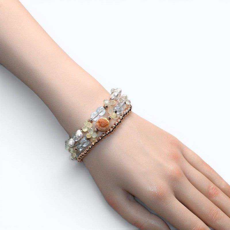 Alashan Agate Charm + Blue Topaz+ Prehnite w/ Freshwater Pearl Dual- Loop Bracelet