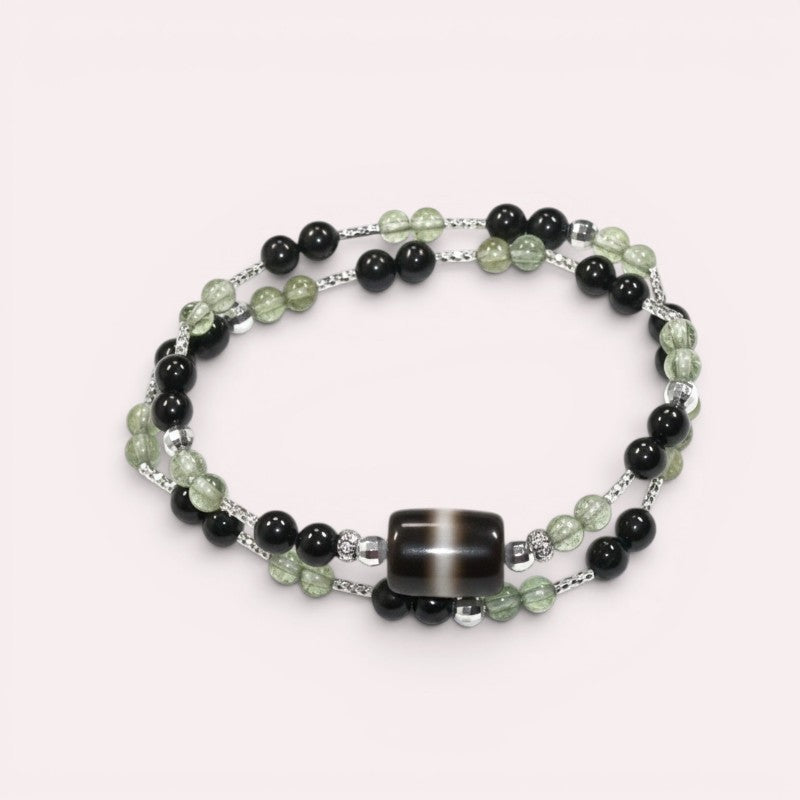 Black & White Dzi Bead + Hypersthene w/ Peridot Dual-Loop Bracelet