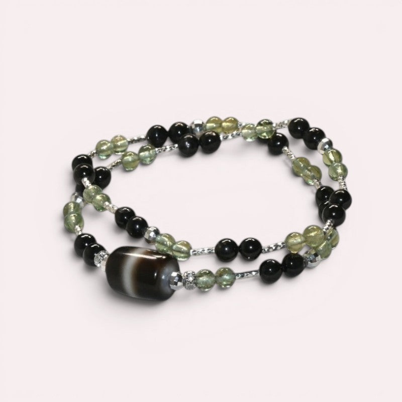 Black & White Dzi Bead + Hypersthene w/ Peridot Dual-Loop Bracelet