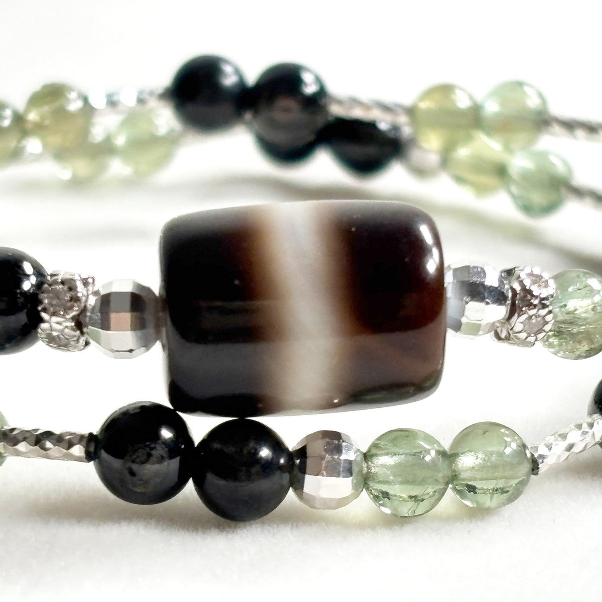 Black & White Dzi Bead + Hypersthene w/ Peridot Dual-Loop Bracelet