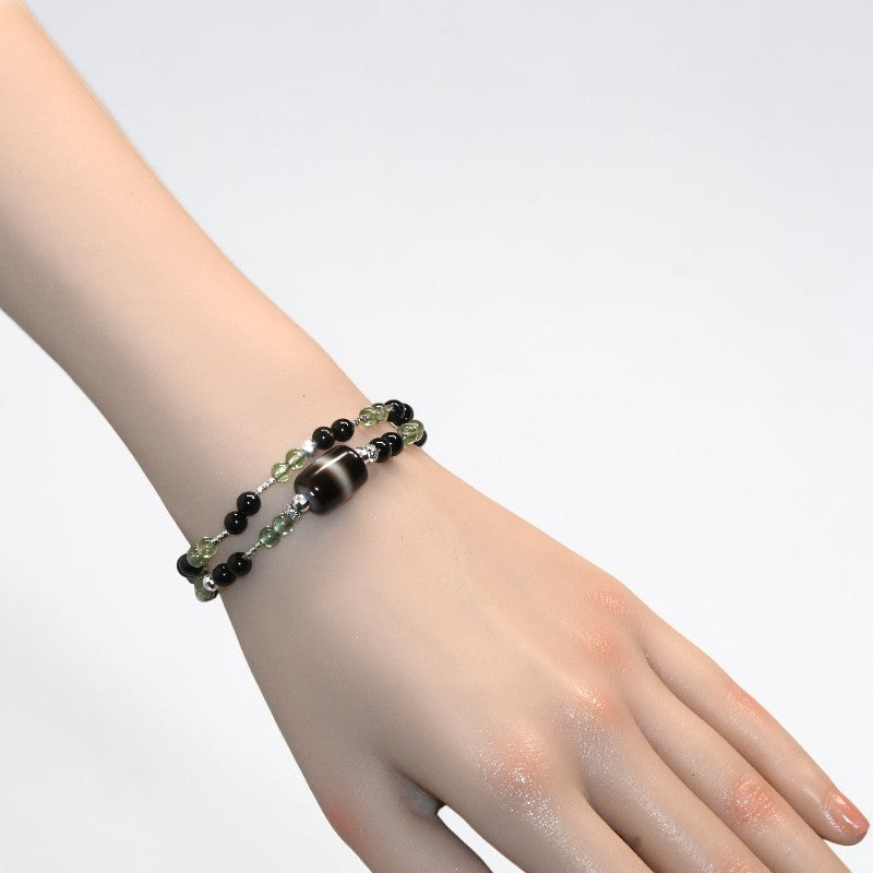 Black & White Dzi Bead + Hypersthene w/ Peridot Dual-Loop Bracelet
