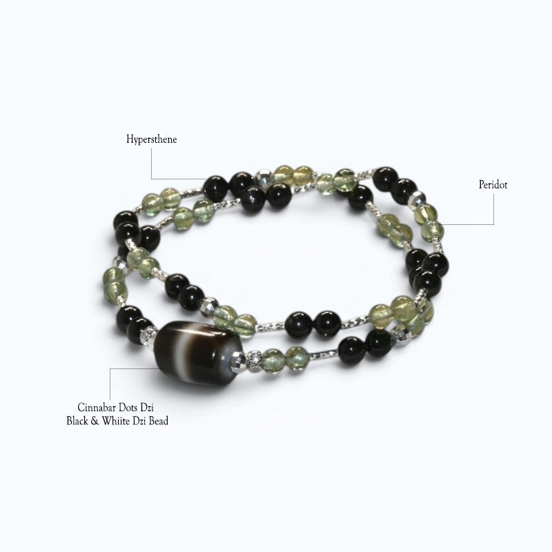 Black & White Dzi Bead + Hypersthene w/ Peridot Dual-Loop Bracelet