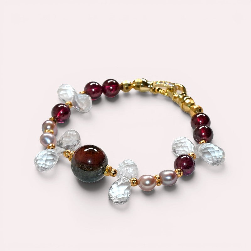 Auralite 23 Charm + Purple Garnet+ Clear Quartz w/ Freshwater Pearl Bracelet