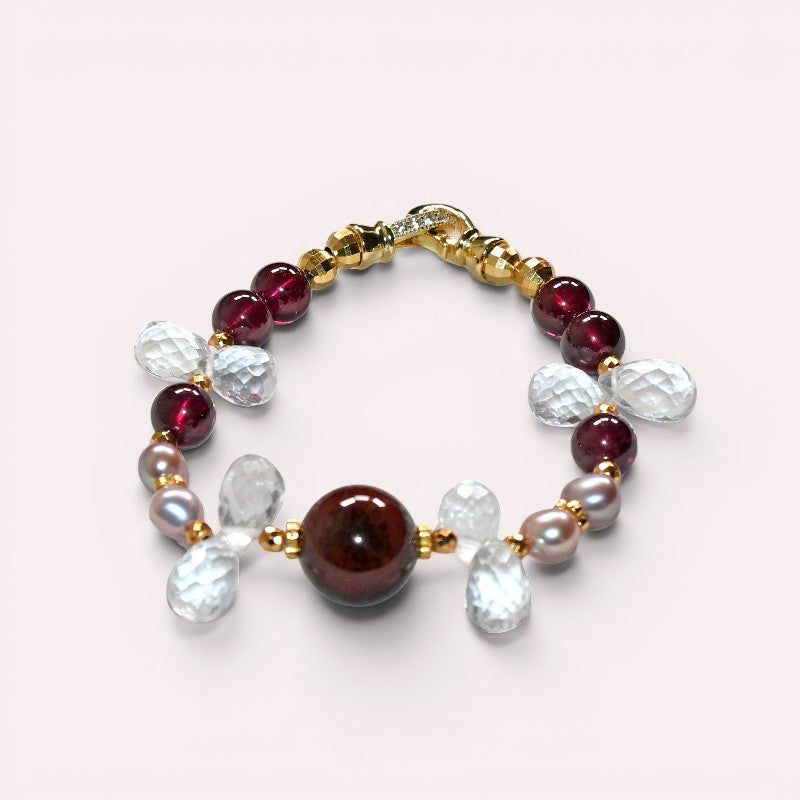 Auralite 23 Charm + Purple Garnet+ Clear Quartz w/ Freshwater Pearl Bracelet