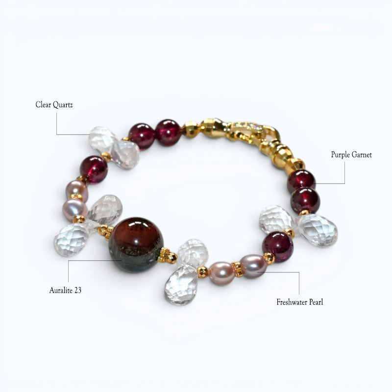 Auralite 23 Charm + Purple Garnet+ Clear Quartz w/ Freshwater Pearl Bracelet