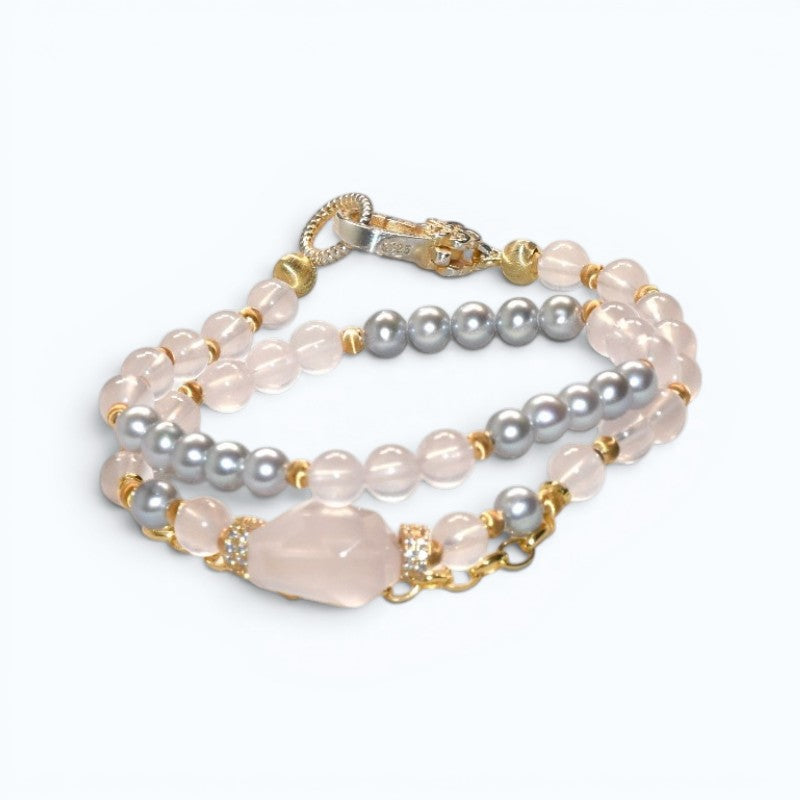 Rose Quartz Charm + Mozambique Rose Quartz w/ Akoya Pearl Dual- Loop Bracelet