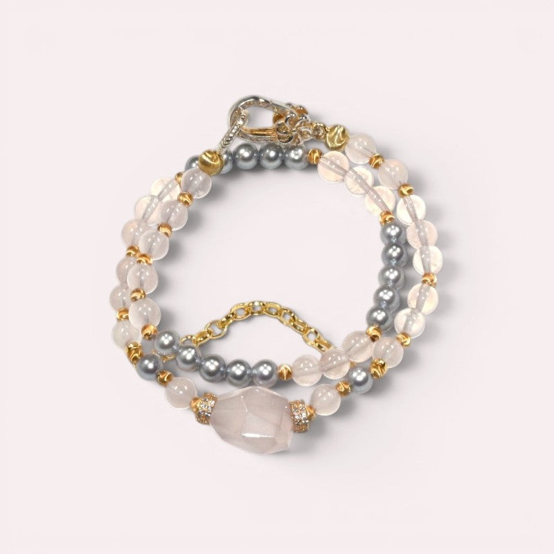 Rose Quartz Charm + Mozambique Rose Quartz w/ Akoya Pearl Dual- Loop Bracelet