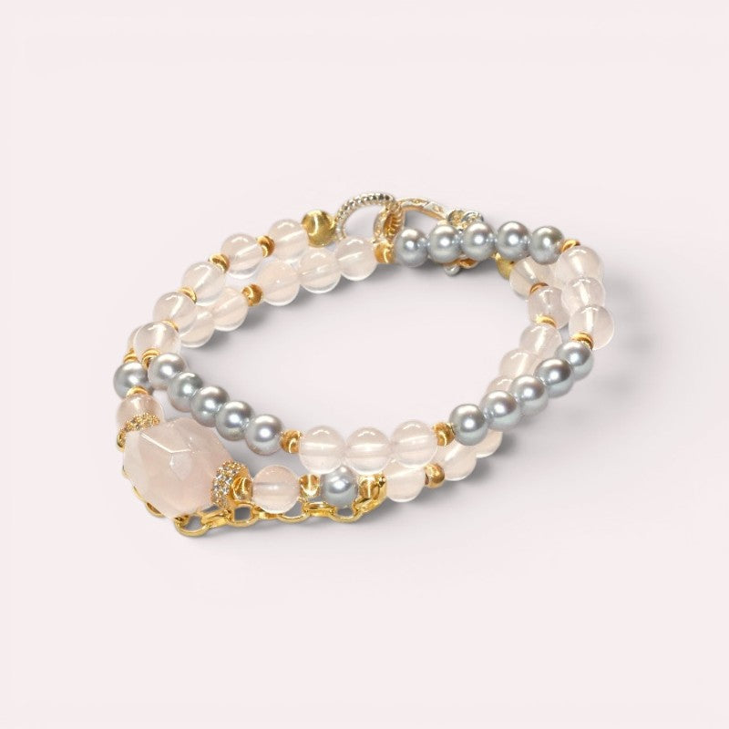 Rose Quartz Charm + Mozambique Rose Quartz w/ Akoya Pearl Dual- Loop Bracelet