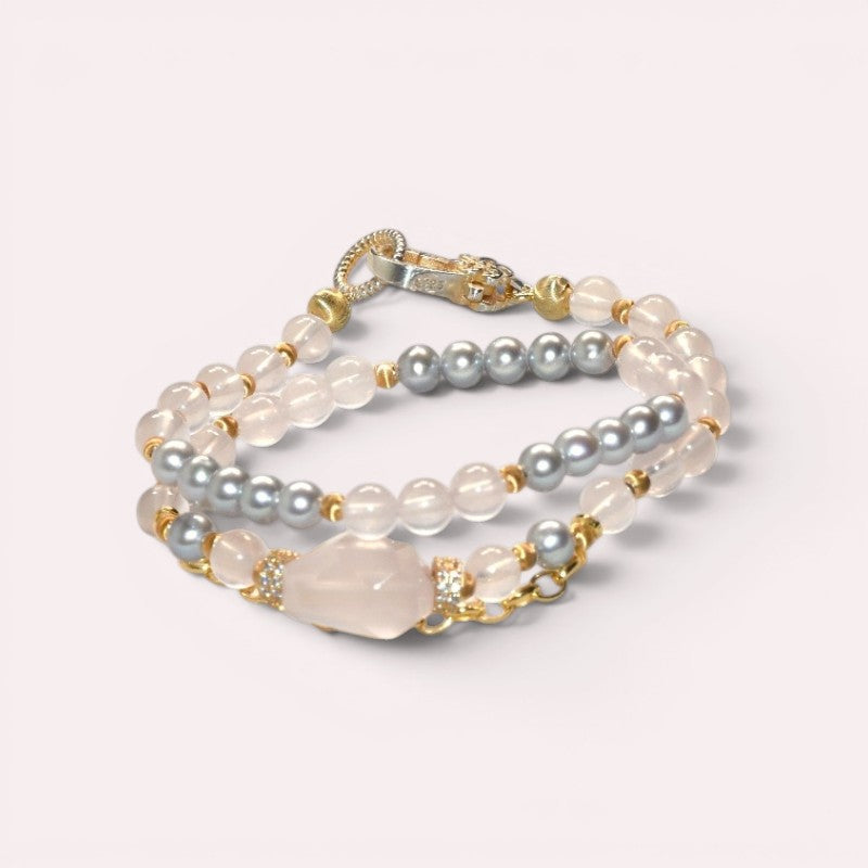 Rose Quartz Charm + Mozambique Rose Quartz w/ Akoya Pearl Dual- Loop Bracelet