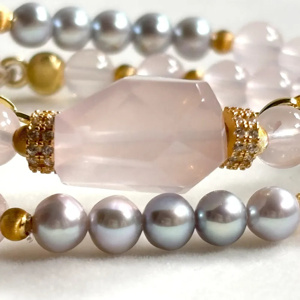 Rose Quartz Charm + Mozambique Rose Quartz w/ Akoya Pearl Dual- Loop Bracelet