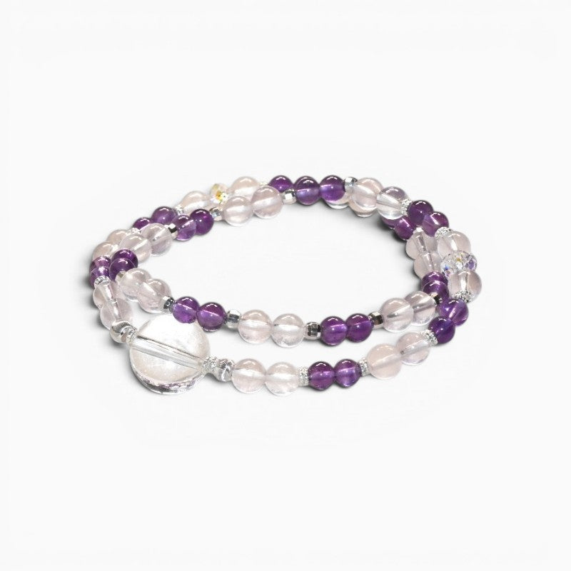 Clear Quartz Charm + Amethyst w/ Mozambique Rose Quartz Dual- Loop Bracelet