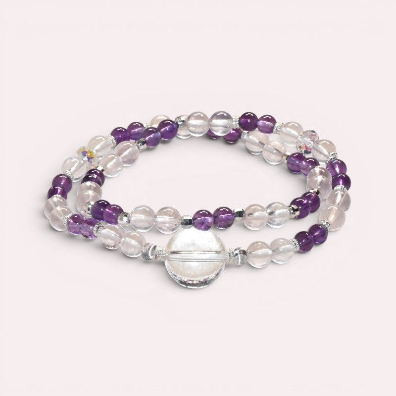 Clear Quartz Charm + Amethyst w/ Mozambique Rose Quartz Dual- Loop Bracelet