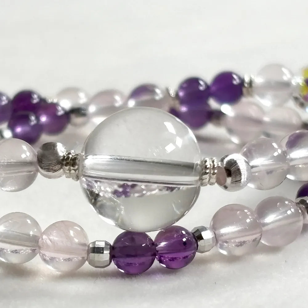 Clear Quartz Charm + Amethyst w/ Mozambique Rose Quartz Dual- Loop Bracelet