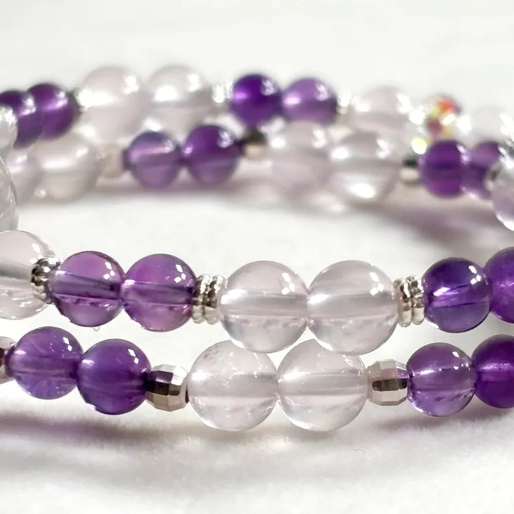 Clear Quartz Charm + Amethyst w/ Mozambique Rose Quartz Dual- Loop Bracelet