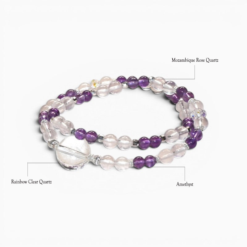 Clear Quartz Charm + Amethyst w/ Mozambique Rose Quartz Dual- Loop Bracelet