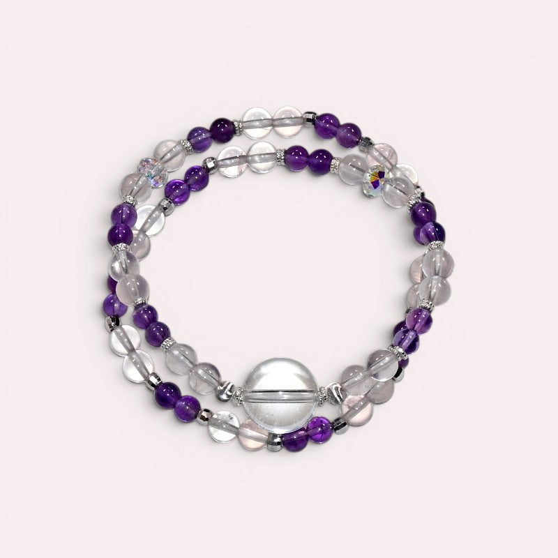Clear Quartz Charm + Amethyst w/ Mozambique Rose Quartz Dual- Loop Bracelet