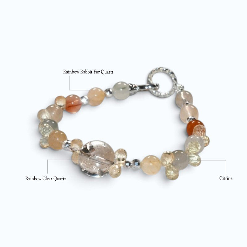 Rainbow Clear Quartz Charm +Rainbow Rabbit Fur Quartz  w/ Citrine Bracelet