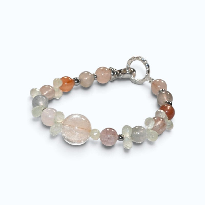 Rutilated Quartz Charm +Rainbow Rabbit Fur Quartz  w/ Prehnite Bracelet
