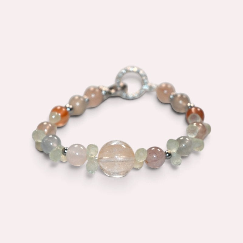 Rutilated Quartz Charm +Rainbow Rabbit Fur Quartz  w/ Prehnite Bracelet