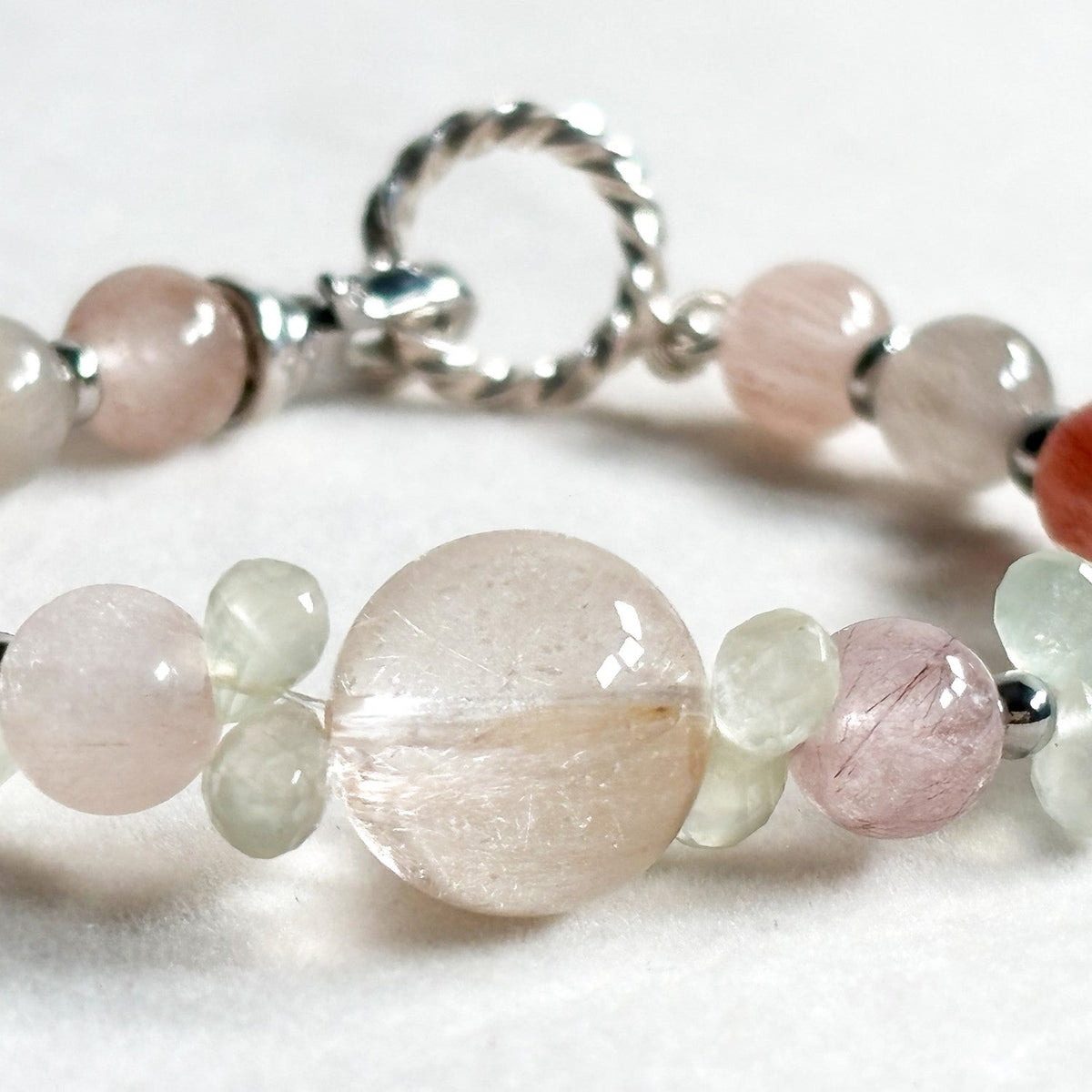 Rutilated Quartz Charm +Rainbow Rabbit Fur Quartz  w/ Prehnite Bracelet