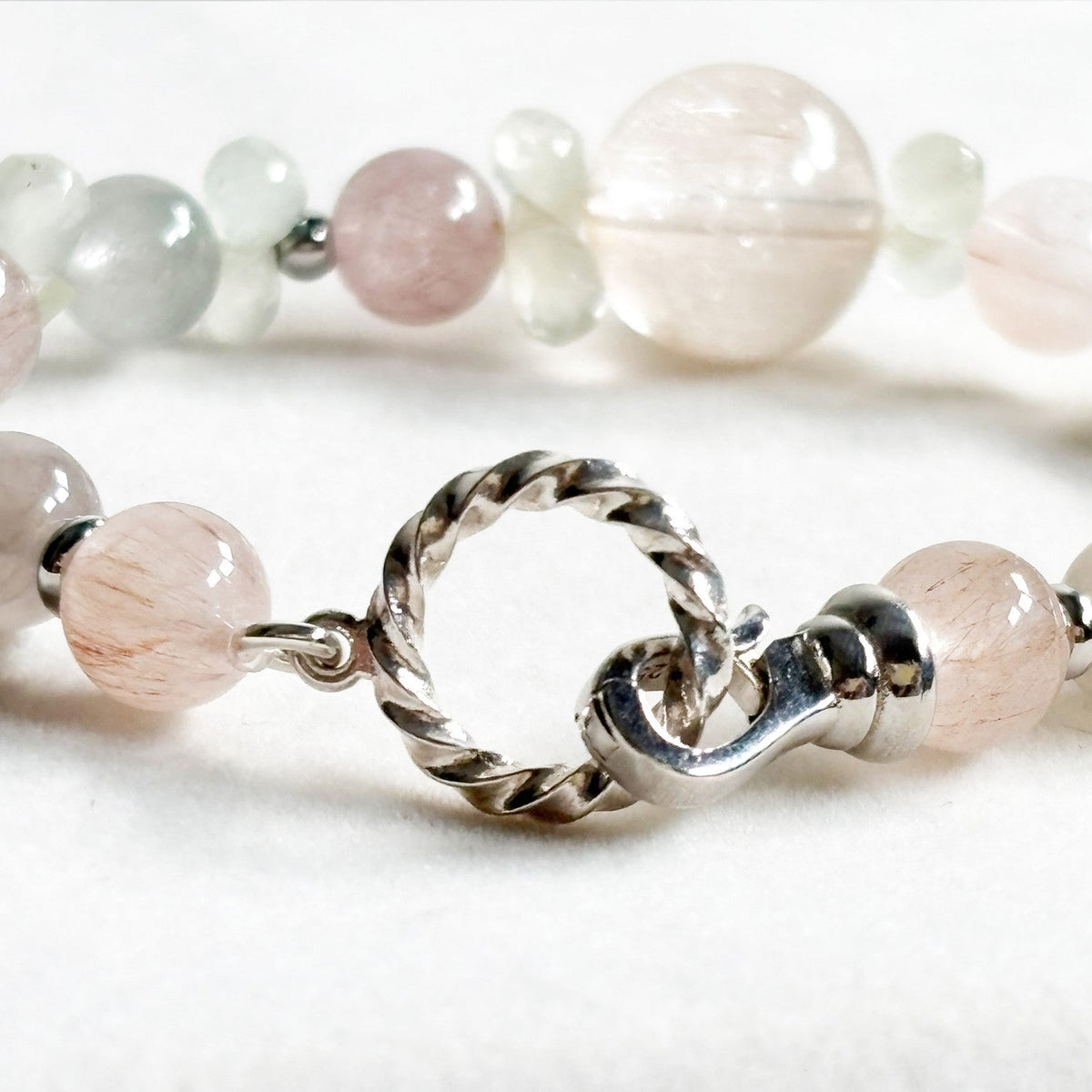 Rutilated Quartz Charm +Rainbow Rabbit Fur Quartz  w/ Prehnite Bracelet