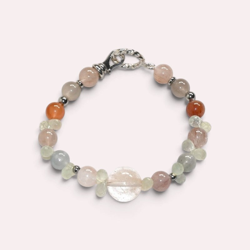 Rutilated Quartz Charm +Rainbow Rabbit Fur Quartz  w/ Prehnite Bracelet
