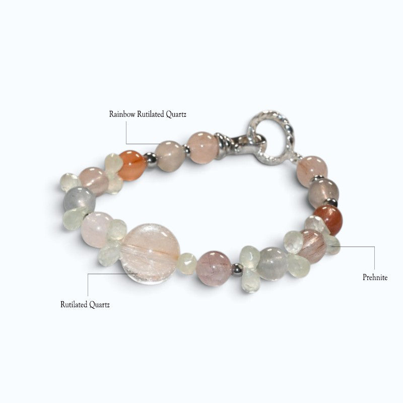 Rutilated Quartz Charm +Rainbow Rabbit Fur Quartz  w/ Prehnite Bracelet