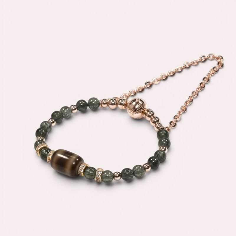 Tiger Tooth Dzi Bead w/ Green Rutilated Quartz Bangle