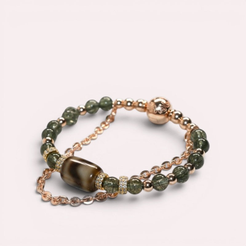 Tiger Tooth Dzi Bead w/ Green Rutilated Quartz Bangle
