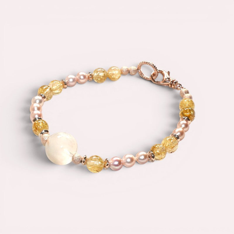 White Rabbit Fur Quartz Charm + Golden Titanium Rutilated w/ Freshwater Pearl Bracelet
