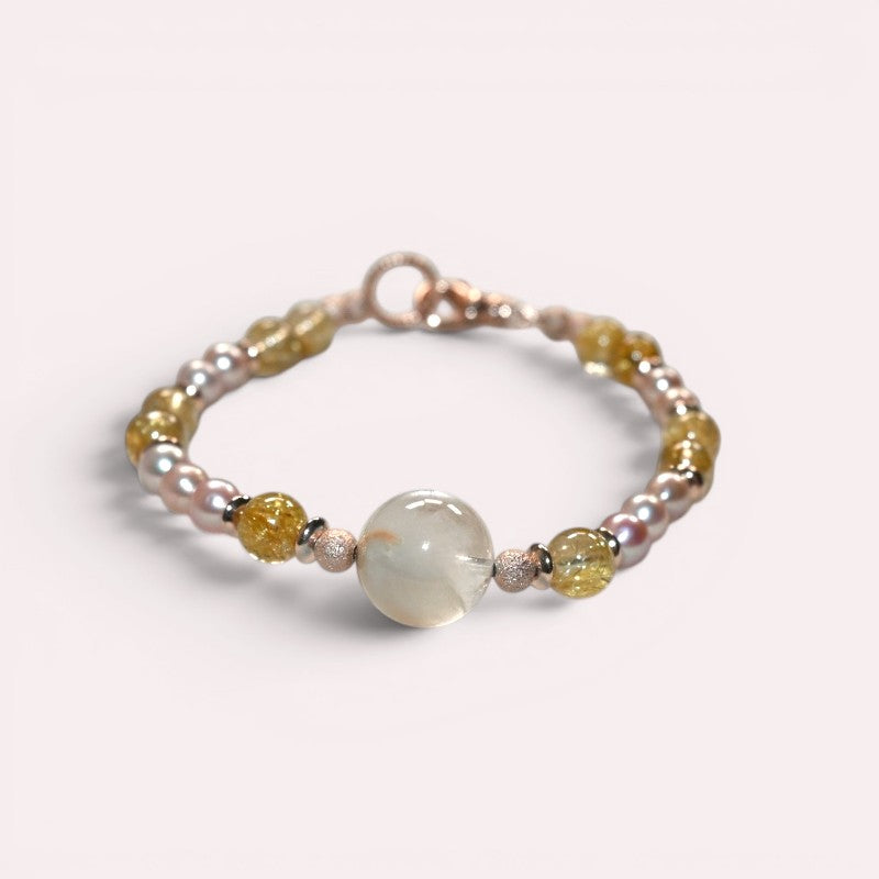 White Rabbit Fur Quartz Charm + Golden Titanium Rutilated w/ Freshwater Pearl Bracelet