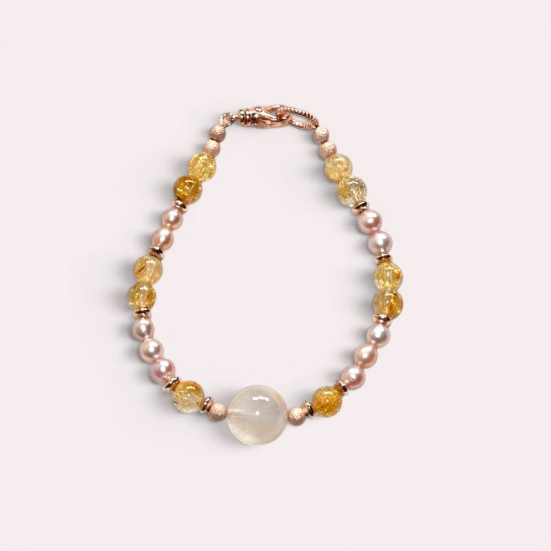 White Rabbit Fur Quartz Charm + Golden Titanium Rutilated w/ Freshwater Pearl Bracelet